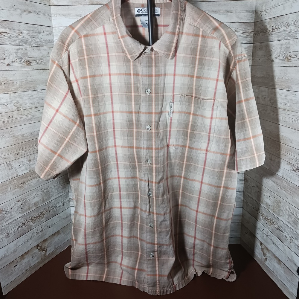 Columbia Sportswear Co Men's Tan Plaid Short Sleeve Button Up Shirt Sz XL